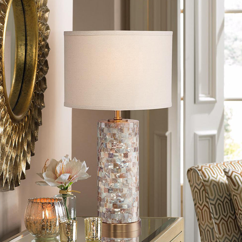 Shell Patchwork Column Nightstand Light Minimalist 1 Head Parlor Table Lamp with Cylinder Fabric Shade in Flaxen/White