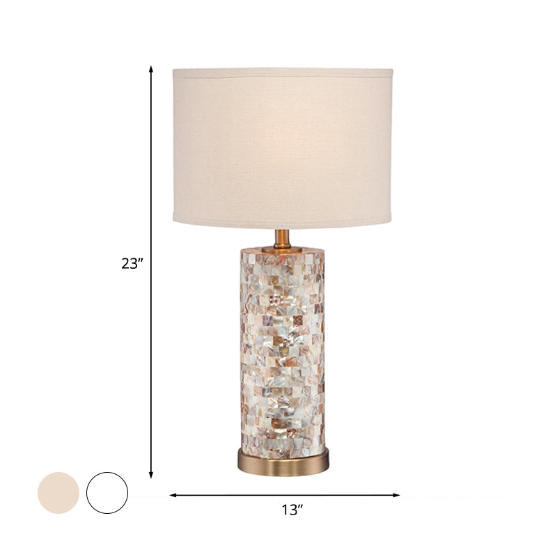 Shell Patchwork Column Nightstand Light Minimalist 1 Head Parlor Table Lamp with Cylinder Fabric Shade in Flaxen/White