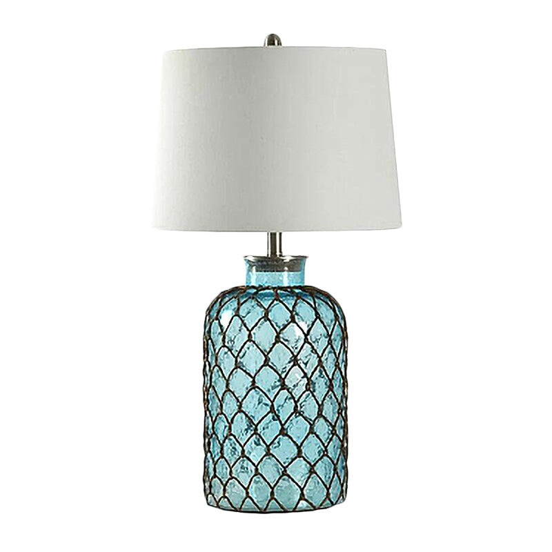 Fraso de la mesa de vidrio azul lámpara de soporte lámpara de estar vintage luz nocturna con red de enrejado y sombra blanca
