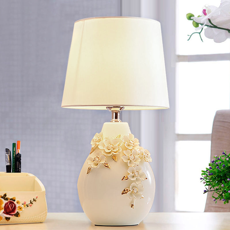Ceramic White Table Lamp Magnolia-Embellished Vase Single Traditional Night Light with Shade, 18"/19.5" Wide