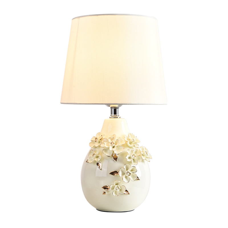 Ceramic White Table Lamp Magnolia-Embellished Vase Single Traditional Night Light with Shade, 18"/19.5" Wide