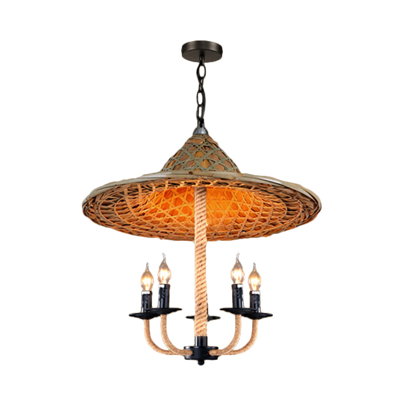 Accensione del lampadario a candela con cappello design lodge stile rattan 5 luci lampada sospesa beige per sala da pranzo
