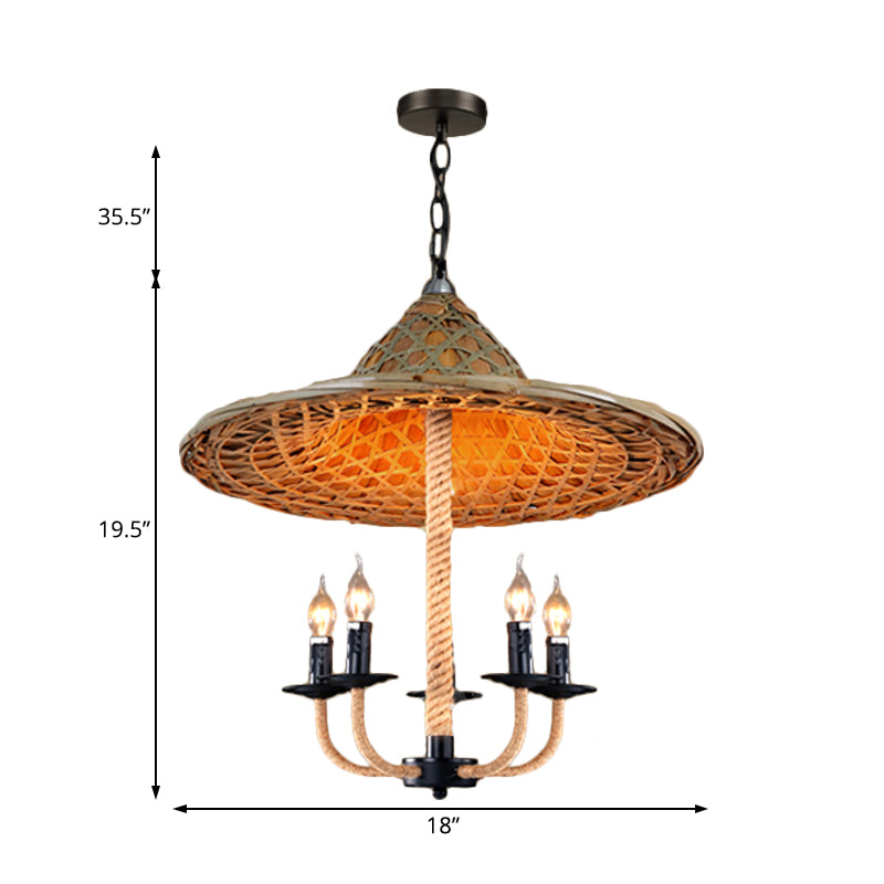 Kaarsenkroonluchter verlichting met hoed design lodge stijl rattan 5 lichten beige hangende lamp voor eetkamer