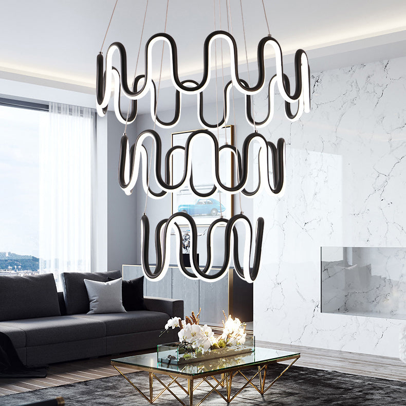 Black Curved Chandelier Simple LED 1/2/3-Head Acrylic Suspension Pendant in Warm/White Light