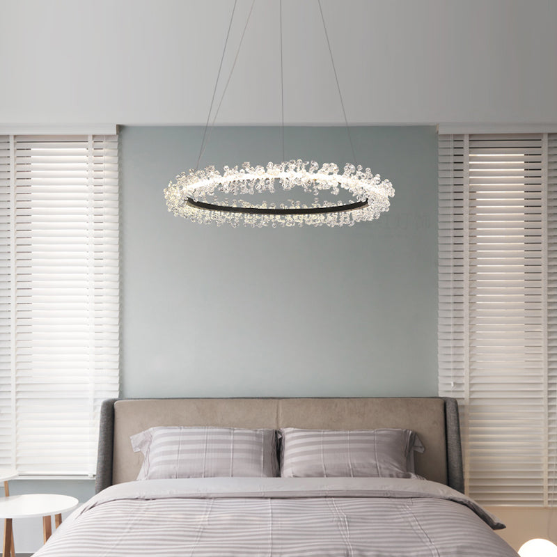 1/2/3-licht Black Ring Pendant Kroonluchter Modern Crystal Accent LED Hanglamp Lichtlijn in wit/warm licht voor woonkamer