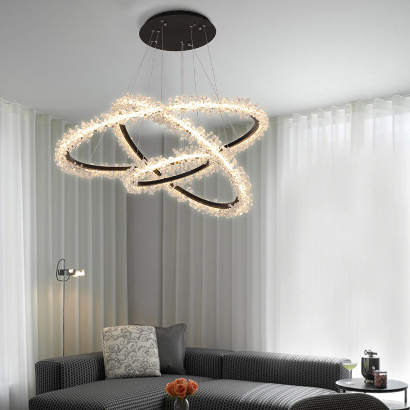 1/2/3-licht Black Ring Pendant Kroonluchter Modern Crystal Accent LED Hanglamp Lichtlijn in wit/warm licht voor woonkamer
