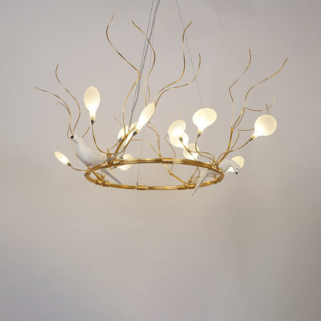Metal Ring Hanging Chandelier Light Lodge LED Gold Pendant Lamp with Acrylic Shade and Bird Accent, Warm/White Light