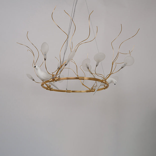 Metal Ring Hanging Chandelier Light Lodge LED Gold Pendant Lamp with Acrylic Shade and Bird Accent, Warm/White Light