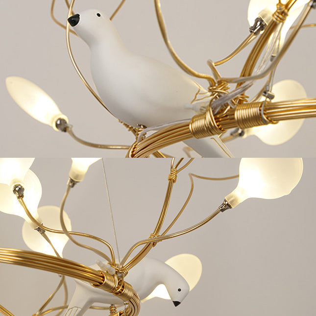 Metal Ring Hanging Chandelier Light Lodge LED Gold Pendant Lamp with Acrylic Shade and Bird Accent, Warm/White Light