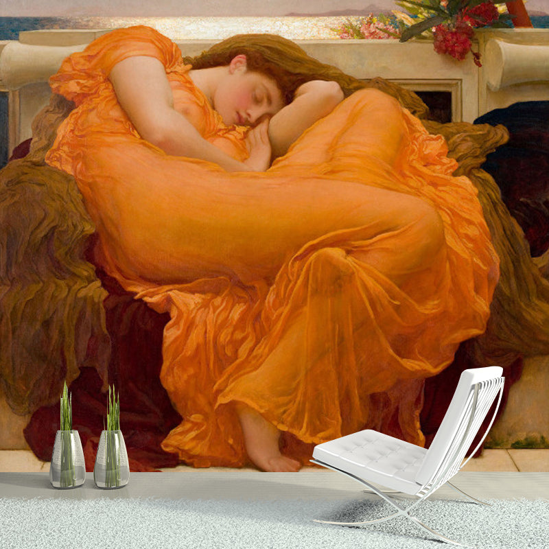 Orange Napping Woman Wall Mural Portrait Vintage Stain-Resistant Wall Art for Decor