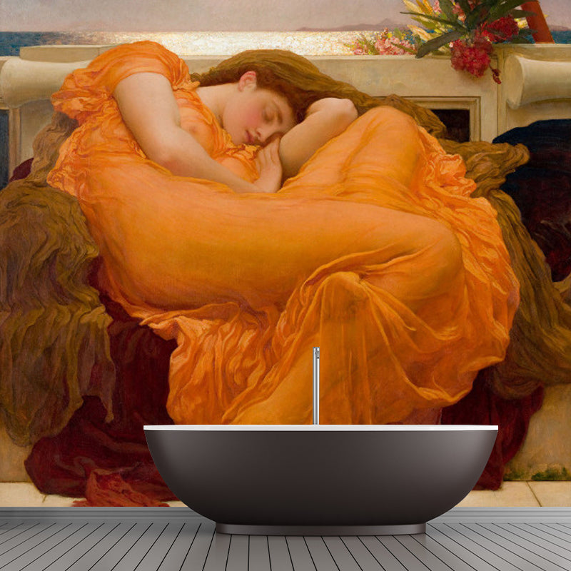 Orange Napping Woman Wall Mural Portrait Vintage Stain-Resistant Wall Art for Decor