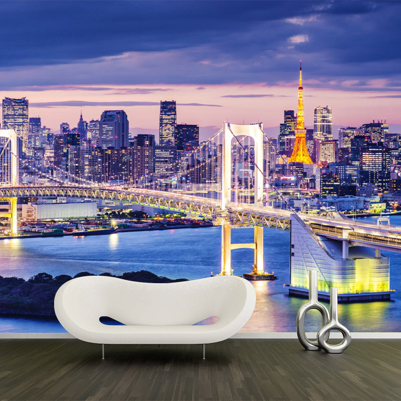 Full Size Simplicity Wall Covering in Purple Bridge and Sunset Mural Wallpaper, Custom-Printed