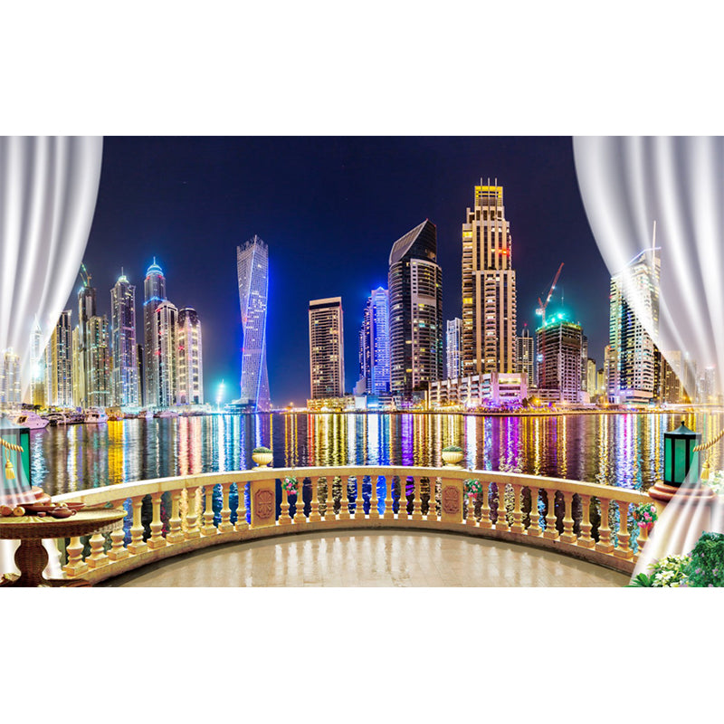 Big Photo Simple Wall Mural Decal for Meeting Room Decor with Over Balcony Scene Design in Yellow and Blue