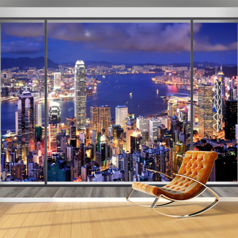 Modern City Scenery Wall Mural for Meeting Room Decoration, Custom-Made Wall Art in Blue and Purple