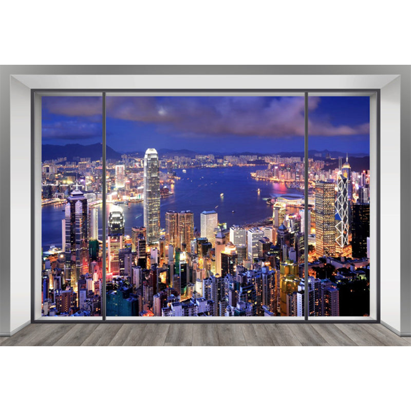 Modern City Scenery Wall Mural for Meeting Room Decoration, Custom-Made Wall Art in Blue and Purple