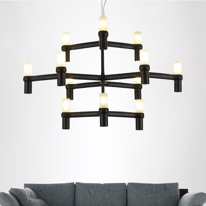 Black/White Crown Hanging Chandelier Light Modern 12 Lights Metallic Hanging Lamp with Frosted Glass Cylinder Shade