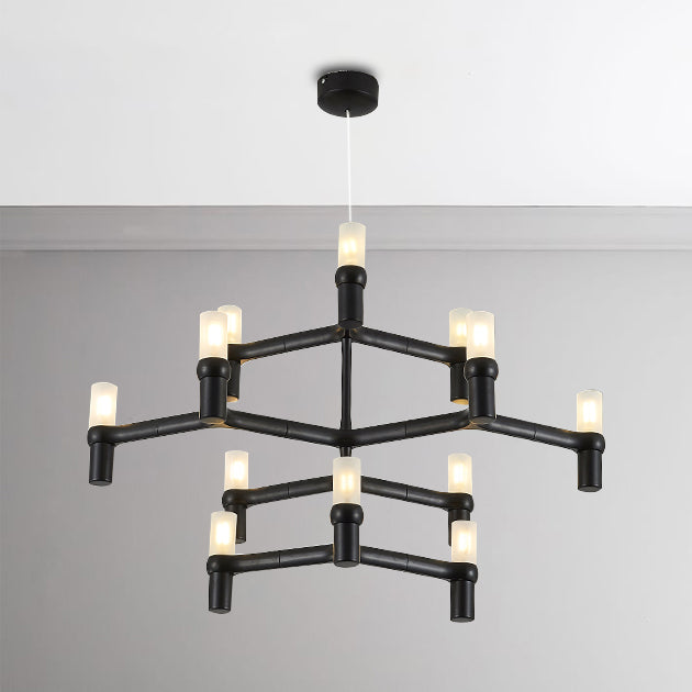 Black/White Crown Hanging Chandelier Light Modern 12 Lights Metallic Hanging Lamp with Frosted Glass Cylinder Shade