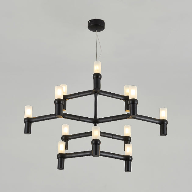 Black/White Crown Hanging Chandelier Light Modern 12 Lights Metallic Hanging Lamp with Frosted Glass Cylinder Shade
