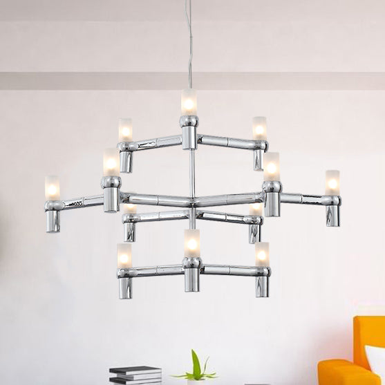 Black/White Crown Hanging Chandelier Light Modern 12 Lights Metallic Hanging Lamp with Frosted Glass Cylinder Shade