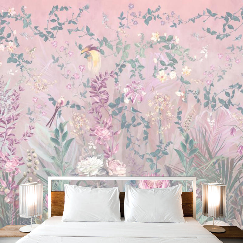 Pink Floral Printed Murals Wallpaper Stain Resistant Nostalgic Bedroom Wall Covering