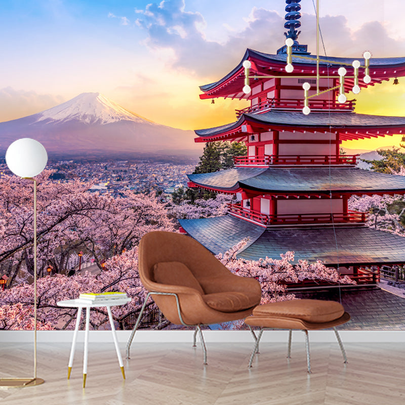 Pagoda and Cherry Blossom Mural Wallpaper Pink Japanese Style Wall Decor for Home