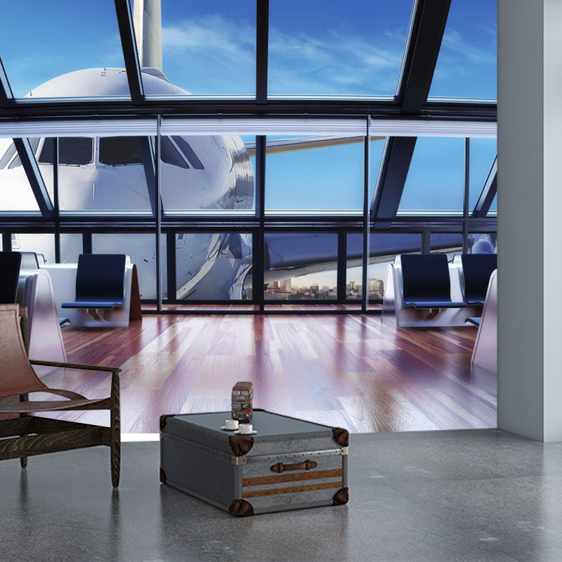 Custom Photography Modern Murals with An Airplane Approaching The Window Pattern, Blue-White