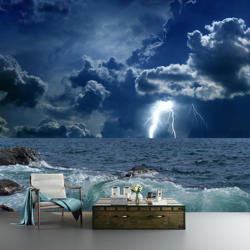 Photography Storm At Sea Mural Large Size Wall Decoration for Living Room, Blue