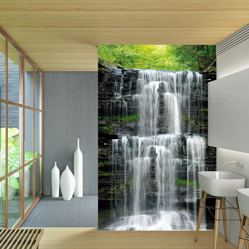 Customized Forest Scene Mural Wallpaper Modern Waterfall Wall Decor in Grey and Green