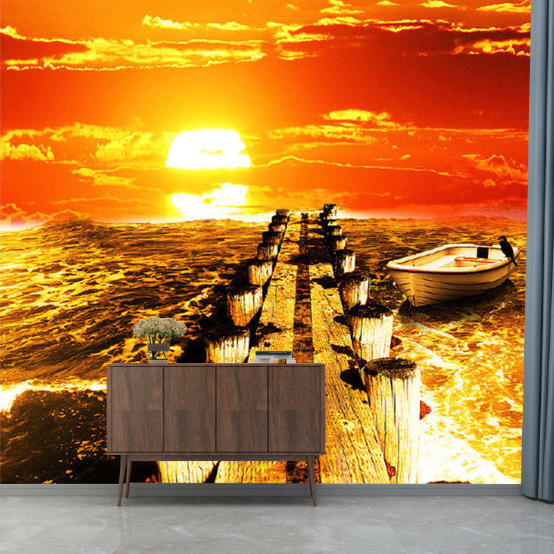 Photography Sea Sunset Mural Wallpaper for Living Room in Orange, Custom Size Available