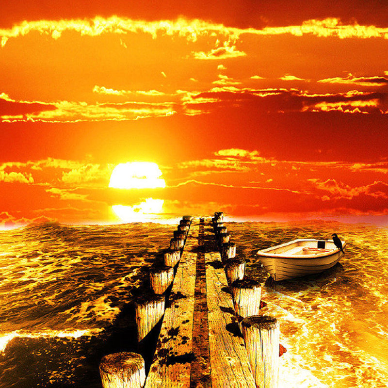 Photography Sea Sunset Mural Wallpaper for Living Room in Orange, Custom Size Available