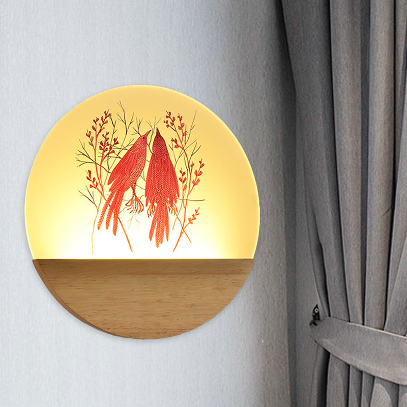 Wood Round Bird and Tree Mural Light Chinese Style LED Acrylic Wall Lighting Idea for Bedside