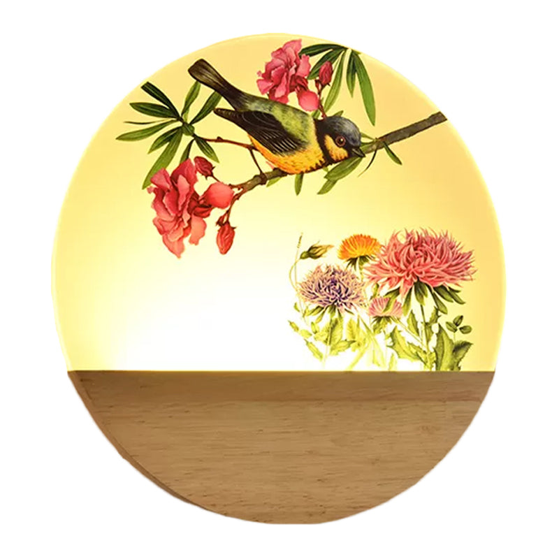 Wood Round Bird and Tree Mural Light Chinese Style LED Acrylic Wall Lighting Idea for Bedside