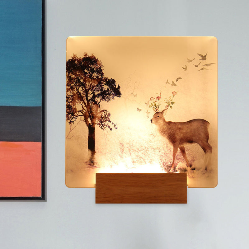 Square Hallway Wall Mounted Lighting Acrylic LED Oriental Wall Mural Light in Brown with Deer and Tree Pattern