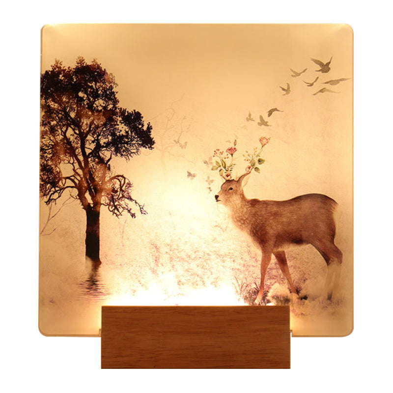 Square Hallway Wall Mounted Lighting Acrylic LED Oriental Wall Mural Light in Brown with Deer and Tree Pattern