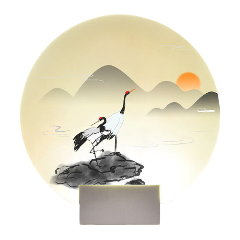 Chinese Style Rounded Acrylic Mural Light LED Wall Mounted Lamp in White with Mountain and Crane Design