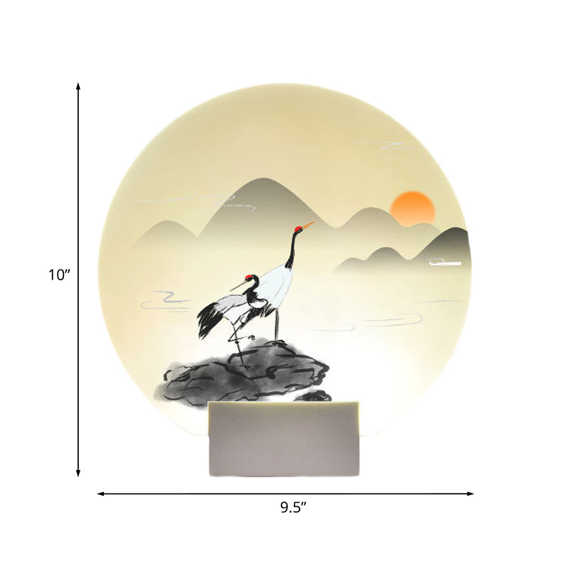 Chinese Style Rounded Acrylic Mural Light LED Wall Mounted Lamp in White with Mountain and Crane Design