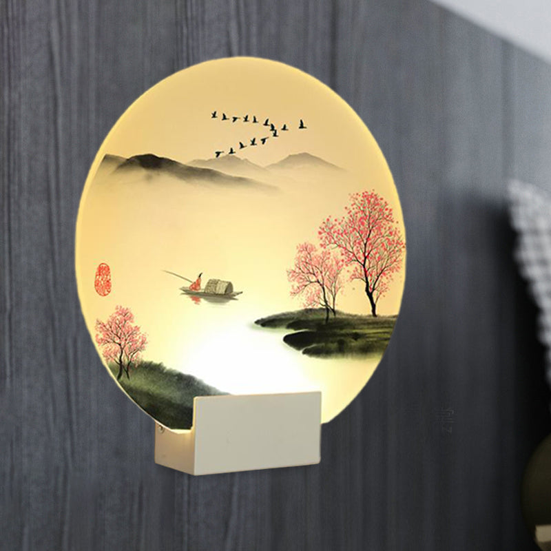 Round Hallway Mountain and Lake Mural Lamp Acrylic LED Chinese Wall Lighting Idea in White