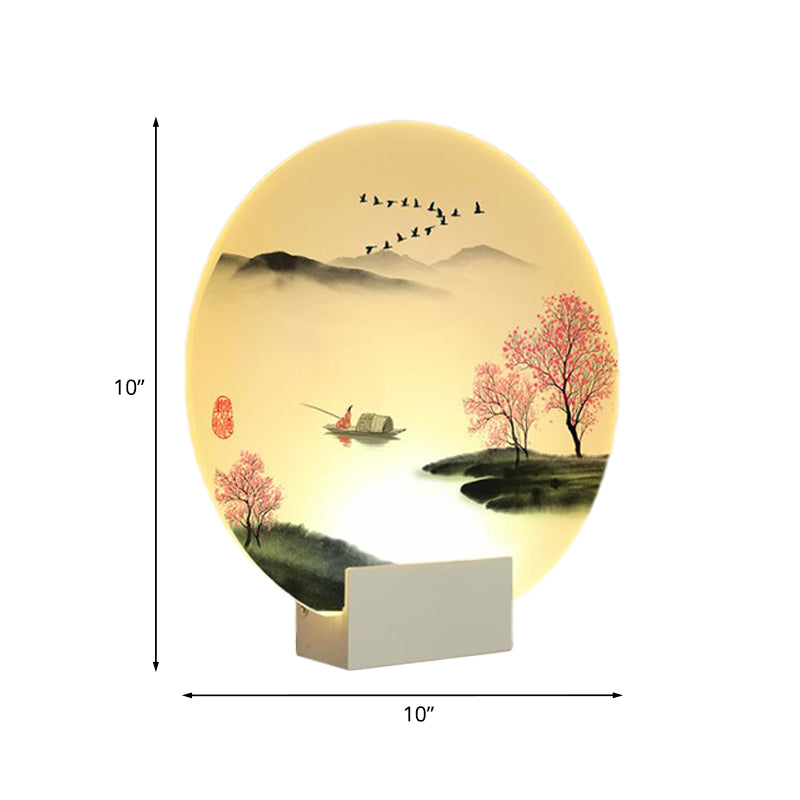 Round Hallway Mountain and Lake Mural Lamp Acrylic LED Chinese Wall Lighting Idea in White