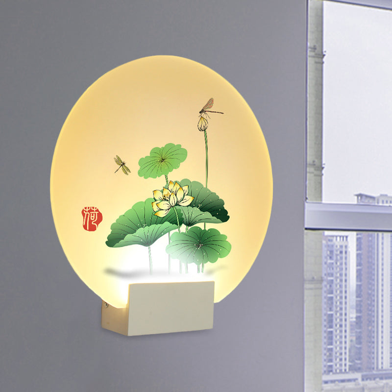 Asia Style Circular Wall Lighting Acrylic LED Wall Mural Light in White with Lotus Leaf and Dragonfly Pattern
