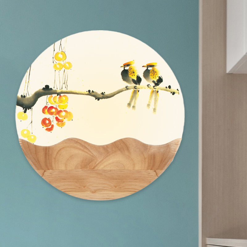 Rounded Acrylic Wall Mounted Light Fixture Asia Style LED Wood Wall Mural Light with Mountain/Branch Pattern