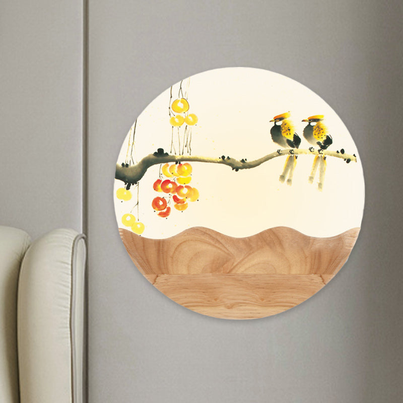 Rounded Acrylic Wall Mounted Light Fixture Asia Style LED Wood Wall Mural Light with Mountain/Branch Pattern