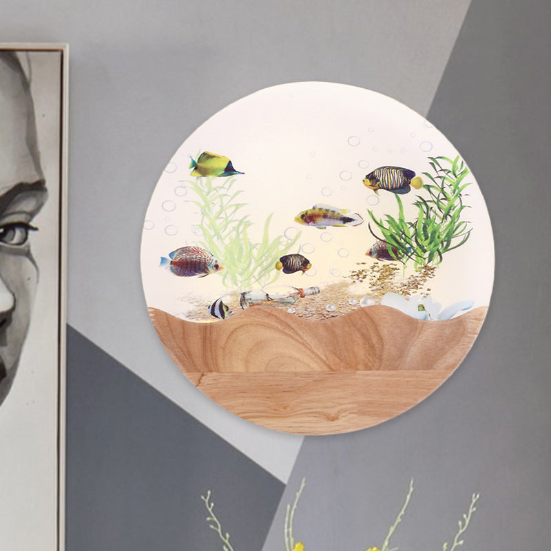 LED Bedside Wall Lamp Asia Style Wood Fish and Undersea Plants Wall Mural Light with Circular Acrylic Shade