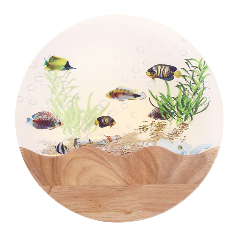 LED Bedside Wall Lamp Asia Style Wood Fish and Undersea Plants Wall Mural Light with Circular Acrylic Shade