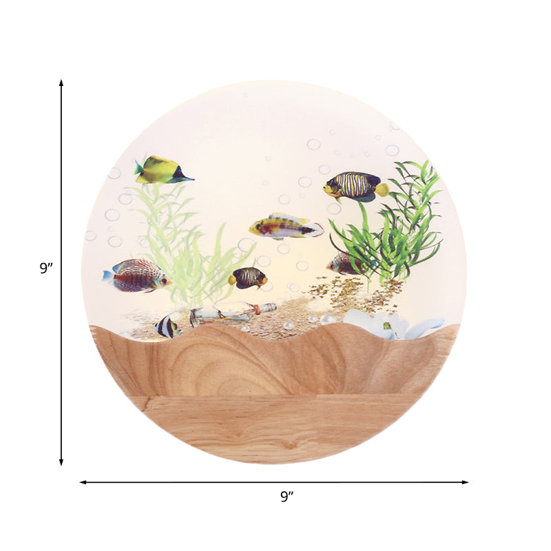 LED Bedside Wall Lamp Asia Style Wood Fish and Undersea Plants Wall Mural Light with Circular Acrylic Shade