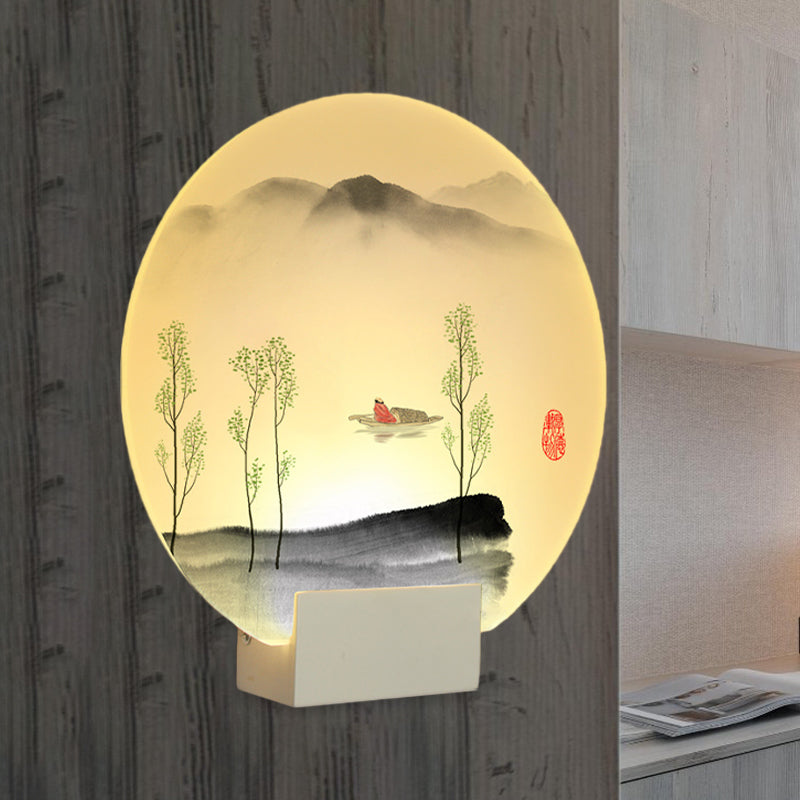 Circular Acrylic Mountain and Boat Mural Lamp Oriental Style LED White Wall Lighting Idea