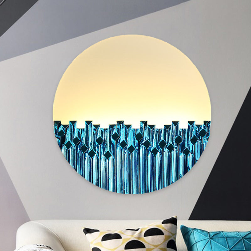 LED Corridor Wall Lamp Chinese Style Blue/Silver Metallic Surface Patterned Mural Light with Round Acrylic Shade