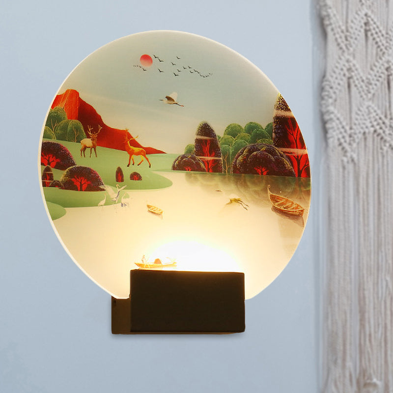 Black Circular Elk and Lake Mural Lamp Chinese Style LED Acrylic Wall Mounted Light Fixture