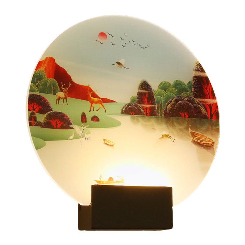 Black Circular Elk and Lake Mural Lamp Chinese Style LED Acrylic Wall Mounted Light Fixture