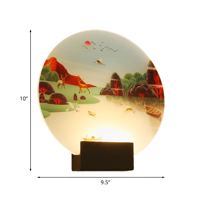 Black Circular Elk and Lake Mural Lamp Chinese Style LED Acrylic Wall Mounted Light Fixture