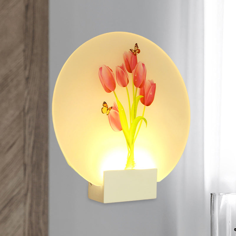 LED Hallway Wall Mural Light Asia Style White Floral Bud/Blossoming Flower Wall Lighting Fixture with Rounded Acrylic Shade